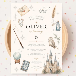 May include: A whimsical invitation for a sixth birthday, featuring a watercolor design with magical elements. The invitation includes an owl, a wand, a crystal ball, and a castle. The text reads "A Little Magic, A Lot of Fun" and "Oliver is turning 6."