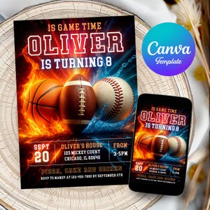 Modèle modifiable d'invitation d'anniversaire sportif pour garçon, fête sportive, fête des étoiles, football, basket-ball, base-ball à télécharger