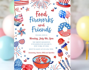4th of July BBQ Invitation Independence Day Invite Editable Canva Template July 4th Party Invite Fireworks Invitation Barbecue Party