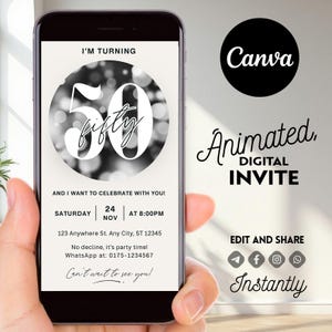 Elegante invito per il 50° compleanno, invito digitale per feste, modello modificabile Canva, invito per traguardo per lei o per lui, invito per il 50° compleanno