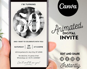 Invitación elegante para 50 cumpleaños, invitación digital para fiesta de Evite, plantilla editable de Canva, invitación para un hito para ella o para él, invitación para 50 cumpleaños de Evite