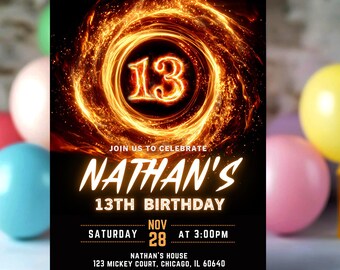 Editable Boy Birthday Invitation, 13th Birthday Boy Invite, Digital Download, Glow Party, Number Invitation, Boy Party Canva Template