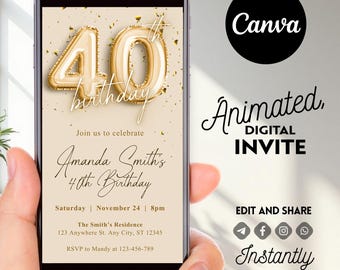 40th Birthday Evite, Digital Birthday Invitation, 40th Birthday Party Invite, Instant Download, Editable Invitation Template, Canva editable