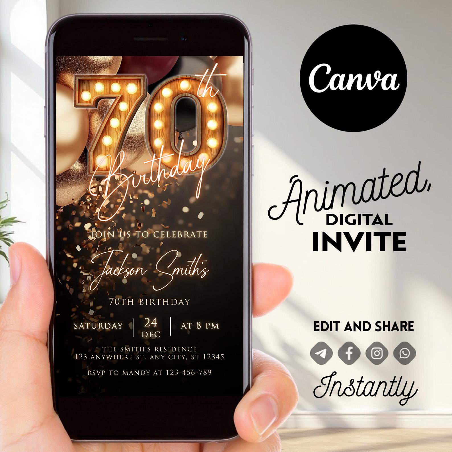 70th Birthday Invitation, Rustic Marquee Lights Party Invite, Editable ...