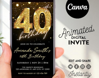 40th Birthday Invitation, Editable Digital Invite, Canva Template, Printable Evite, Instant Download, Surprise Party Card for Him or Her