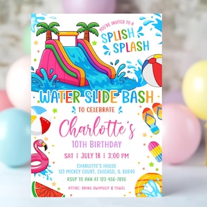Editable Waterslide Birthday Invitation Water Slide Splash Party Summer Pool Bash Template for Boy Girl Canva Evite Instant Download