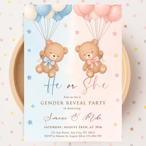 Peut inclure: Une invitation de fête de révélation du sexe avec un fond dégradé de couleurs douces. Deux ours en peluche flottent avec des ballons, l'un avec un nœud bleu et l'autre avec un nœud rose. Le texte dit "He or She" et les détails de la fête.