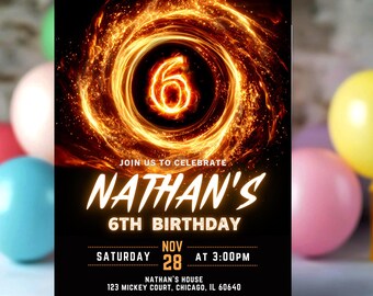Invitación editable para cumpleaños de niño, invitación para sexto cumpleaños, descarga digital, fiesta luminosa, invitación con números, plantilla para fiesta de niño, Canva