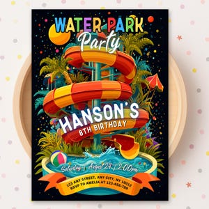 Water Park Birthday Invitation, Water Park Party Invite, Waterslide or Summer Pool Party, Editable Canva Template, Instant Download