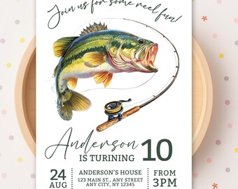 May include: White invitation card with a watercolor illustration of a largemouth bass and fishing rod. Text reads "Join us for some reel fun!" and "Anderson is turning 10". Includes event details.
