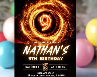 Editable Boy Birthday Invitation, 9th Birthday Boy Invite, Digital Download, Glow Party, Number Invitation, Boy Party Canva Template