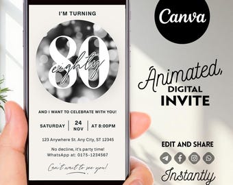 80th Birthday Invitation, Digital Milestone Evite, Canva Editable Template, Elegant Printable Party Card, Instant Download, 80th Birthday