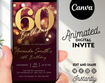 60th Birthday Invitation, Gold Digital Invite, Editable Canva Template, Printable Evite, Instant Download, Elegant Milestone Birthday Card