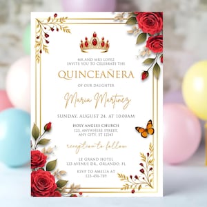 Bearbeitbare rote Rosen Quinceaños Einladung, Floral 15 Años Mis Quince Invite, Elegante Prinzessin Geburtstag, druckbare Canva Vorlage