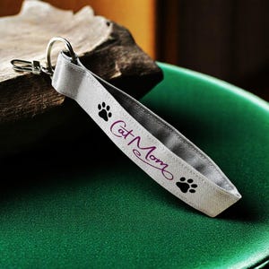 Cat Mom Keychain: Handmade Fabric Key Holder with Paw Prints