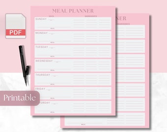 Printable Weekly Meal Planner PDF Simple, Organized Daily Diet & Food Template | Family Meal Prep, Budget, Healthy Living, Fitness Planning