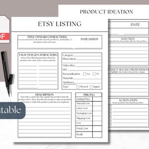 Novo formulário de listagem Etsy e modelo de ideia de produto Planejador para impressão PDF Brainstorm de desenvolvimento de produto digital e preços para Etsy Shop