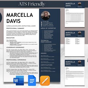 Pode incluir: Um modelo de currículo azul e branco com o nome Marcella Davis no topo. O currículo inclui seções para o resumo profissional, educação, experiência em liderança, experiência profissional, áreas de especialização, proficiência técnica, prêmios e certificações.