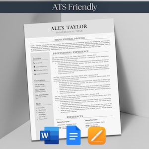 Pacote de modelos de currículo e carta de apresentação Microsoft Word Google Docs Apple Mac Pages ATS Friendly Uma e duas páginas Simples Moderno CV Executivo