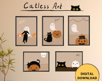 Cute Ghost and A Cat Halloween Prints | Set of 5 Printable Wall Art | Wall Decor | Digital Download