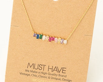 18K Gold Dipped Rainbow Rhinestone Bar Charm Necklace - Minimalist Necklace - Charm Necklace - Necklace For Her - Gift For Her