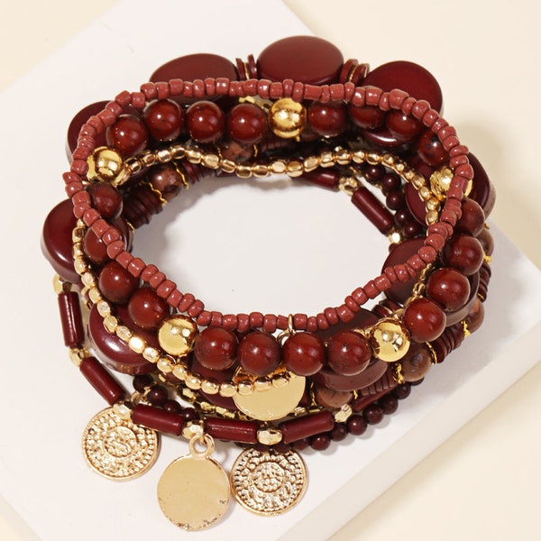 Burgundy Bliss: One Size Burgundy Beaded Bracelet Set - Handcrafted Elegance for Every Occasion - Gift Idea - Gift for Her