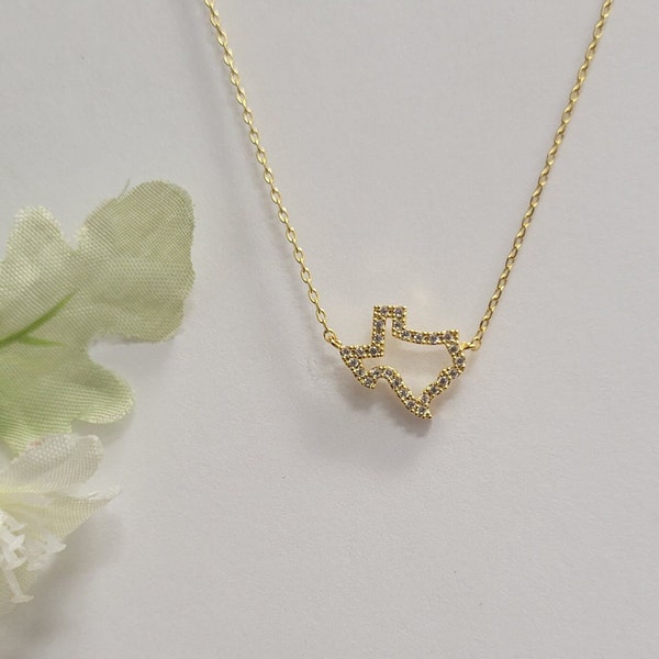 18K Gold-Dipped Rhinestone Trim Texas State Pendant Necklace - Minimalist Necklace - Charm Necklace - Necklace For Her - Gift For Her