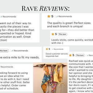 Peut inclure: L'image pr&eacute;sente des avis clients avec une note de 5 &eacute;toiles, soulignant les commentaires positifs sur le service du vendeur et la qualit&eacute; des produits. On aper&ccedil;oit &eacute;galement un morceau de bois flott&eacute; avec plusieurs maillots de bain color&eacute;s suspendus.