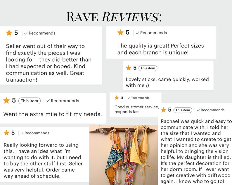 Peut inclure: L'image pr&eacute;sente des avis clients avec une note de 5 &eacute;toiles, soulignant les commentaires positifs sur le service du vendeur et la qualit&eacute; des produits. On aper&ccedil;oit &eacute;galement un morceau de bois flott&eacute; avec plusieurs maillots de bain color&eacute;s suspendus.