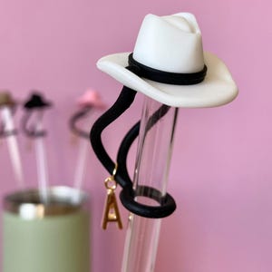 Straw Topper 10mm Cover Western Style Cowboy Hat Design Pink Cowgirl Cup Accessory Stanley Compatible Drink Decoration Personalized Initial Letter Custom Gift Option Rodeo Party Essential Fun Western Addition Unique Conversation Starter