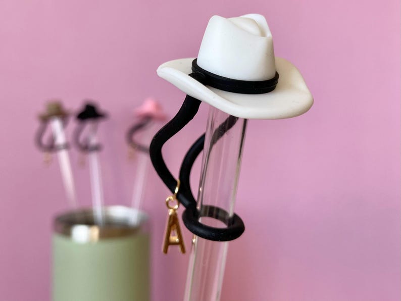 Straw Topper 10mm Cover Western Style Cowboy Hat Design Pink Cowgirl Cup Accessory Stanley Compatible Drink Decoration Personalized Initial Letter Custom Gift Option Rodeo Party Essential Fun Western Addition Unique Conversation Starter