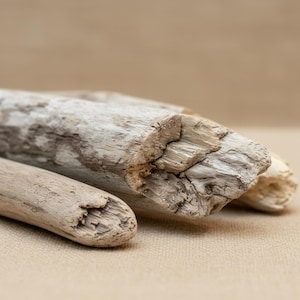 May include: Close-up of weathered driftwood pieces in varying sizes. The wood has a natural, light gray color with visible grain and texture. The ends of the wood show the natural breaks and imperfections of the wood.