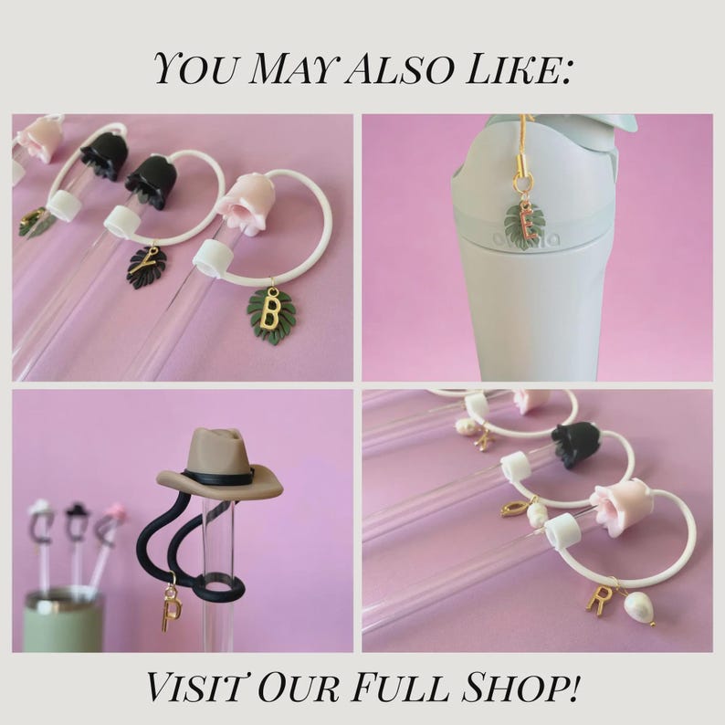 May include: A collage of decorative bottle stoppers and accessories. The stoppers feature various designs, including a leaf, a letter "B", a letter "P", and a cowboy hat. The text "YOU MAY ALSO LIKE:" and "VISIT OUR FULL SHOP!" are also visible.