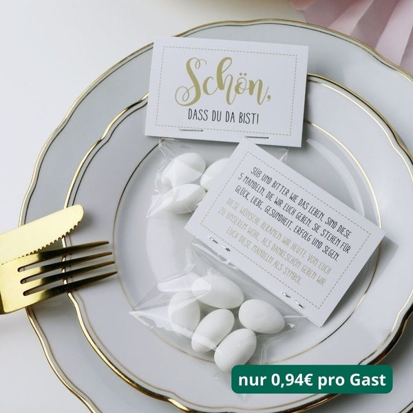 Guest gift set Italian almonds with saying white (for 48 guests), DIY