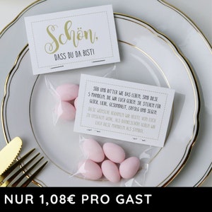 Gastgeschenk Set italienische Mandeln mit Spruch rosa (für 48 Gäste), DIY