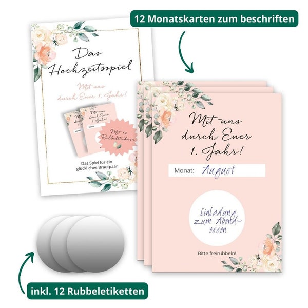 Hochzeitsspiel mit 12 Monatskarten Blütenzauber Jahrespiel zum Rubbeln, DIY