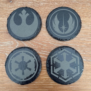 Star Wars Slate Coasters - Laser Engraved -  Rebel Alliance, Galactic Empire, Jedi Order, Sith Logos - 4 Inch Diameter