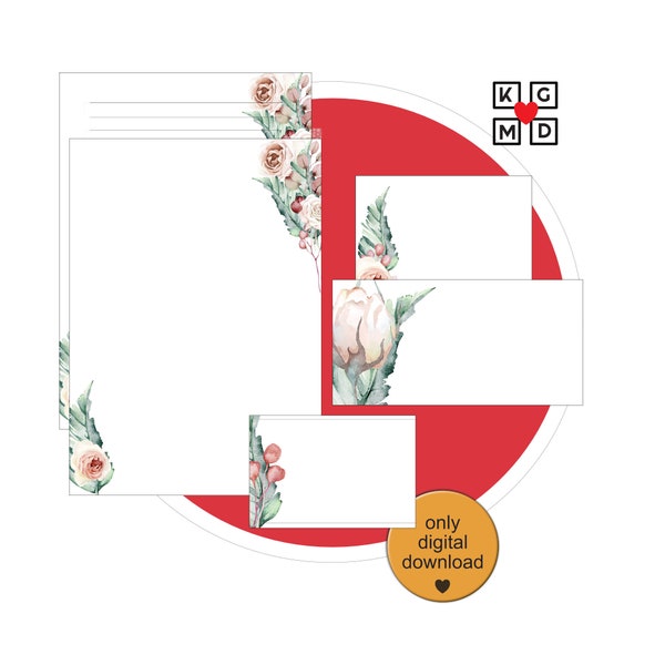 Briefpapier Set 5-teilig mit Floral, Motiv Rosen, Briefpapier digital, Briefpapier druckbar, nachhaltig und umweltschonend, Briefpapierset