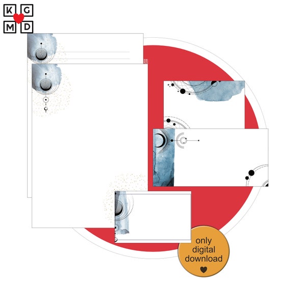 Briefpapierset 5-teilig mit abstraktem Druck, 2 Briefbögen liniert und blanko, 2 Umschläge, Visitenkarte, digitaler Download, zum ausdrucken