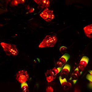 Pode incluir: Uma corda de luzes de Natal com lâmpadas vermelhas e verdes. As luzes são enfiadas em um fio preto.