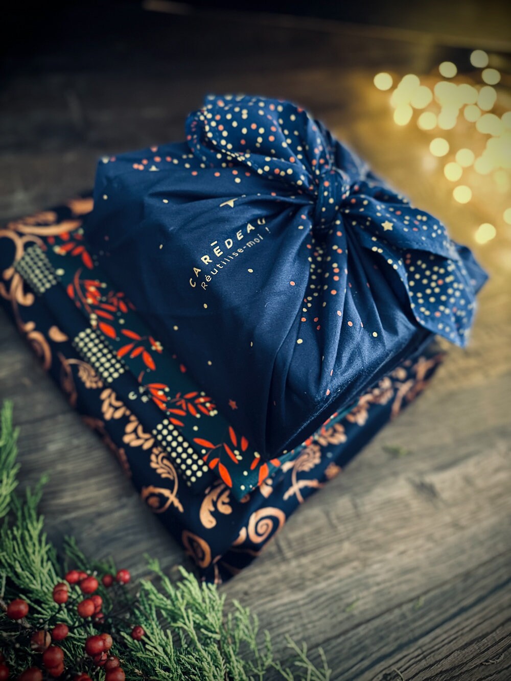 Carta Regalo Riutilizzabile Furoshiki Carédeau - Cotone Raso Lusso 'Notte Féerique' - Made In France (M 55x55cm)