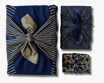 Lot de 3 Emballages Furoshiki Papier Cadeau Réutilisable Coton Recyclé Carédeau Pack Famille 'Gloire' en bleu minuit 100% COTON