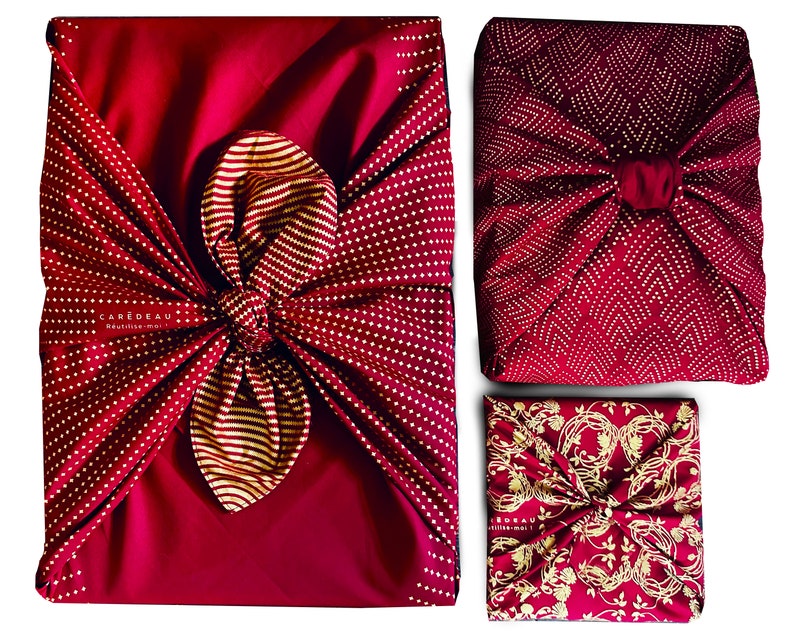 Lot de 3 Emballage Papier Cadeau Réutilisable Coton Recyclé Tissu Furoshiki Ecologique Rouge Bordeaux Design Créatrice Famille Aventureuse image 1