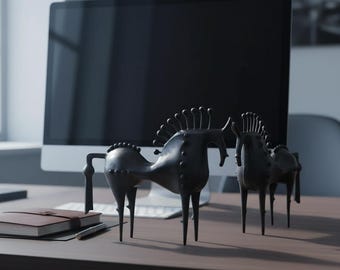 Abstract Black Horse Figurine, Metal Modern Desk Sculpture for Home or Office Decor