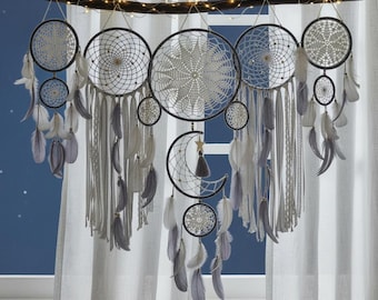 5-PCS Large Handmade Dream Catcher Wall Hanging, Boho Macrame Moon & Feather Decor, Nordic Ornament
