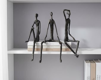 Abstract Metal Sitting Figure Sculpture, Cast Iron Black Human Statue for Shelf, Desk & Modern Living Room Decor