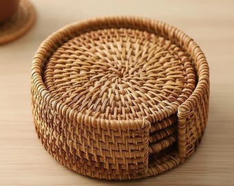 Handwoven Rattan Coaster Set of 6, Tableware Placemat, Round 8 cm Tea Cup Mats with Storage Holder for Table & Kungfu Tea