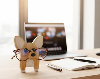 Handmade Corgi Glasses Stand, Wooden Eyeglass Holder Cute Pet Desk Ornament Christmas Gift 15x10cm, Aesthetic Spectacle Holder