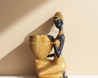 Escultura de mujer africana, cuenco de pan de oro, decoración de resina para el hogar