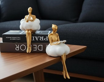 Gold Abstract Cloud Girl Sculpture, Modern Resin Shelf Decor